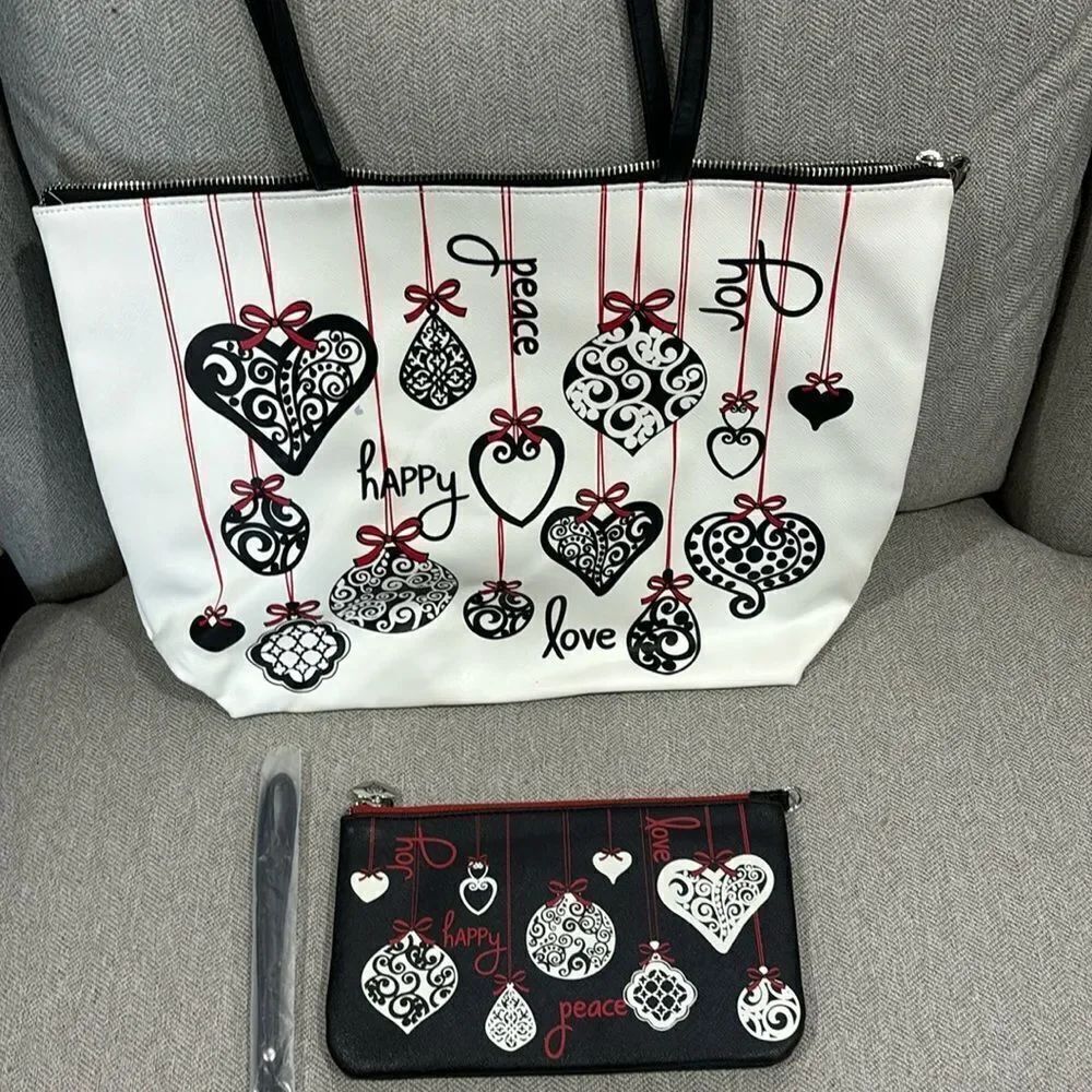 BRIGHTON Love Notes Holiday Tote with matching wristlet White, Red, Black